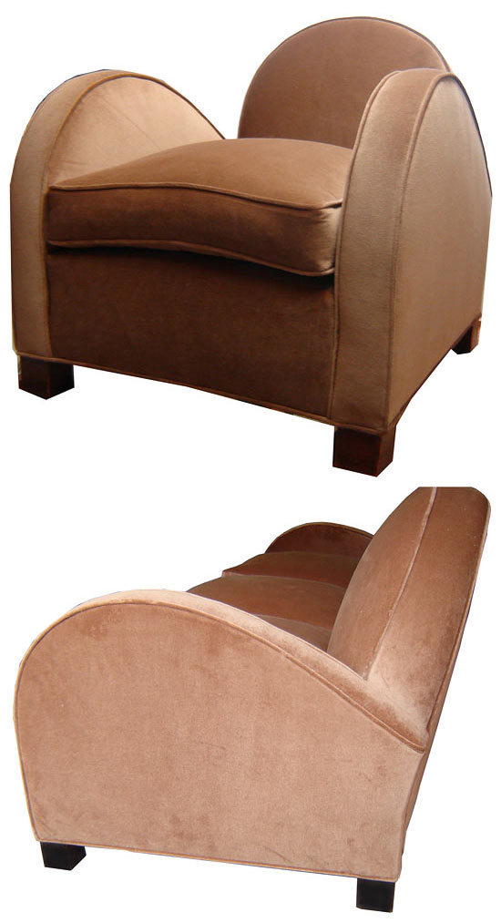 French Streamline Sofa & 2 Club Chairs