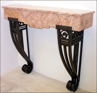 French Art Deco Wrought Iron and Pink Marble Console