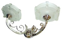 Pair French Art Deco Nickel and Frosted Glass Scroll Sconces
