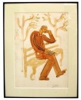 American Art Deco WPA Watercolor by Jerry Roth MAN ON BENCH