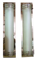 Pair Large American Art Deco Aluminum and Satin Glass Theatre Sconces