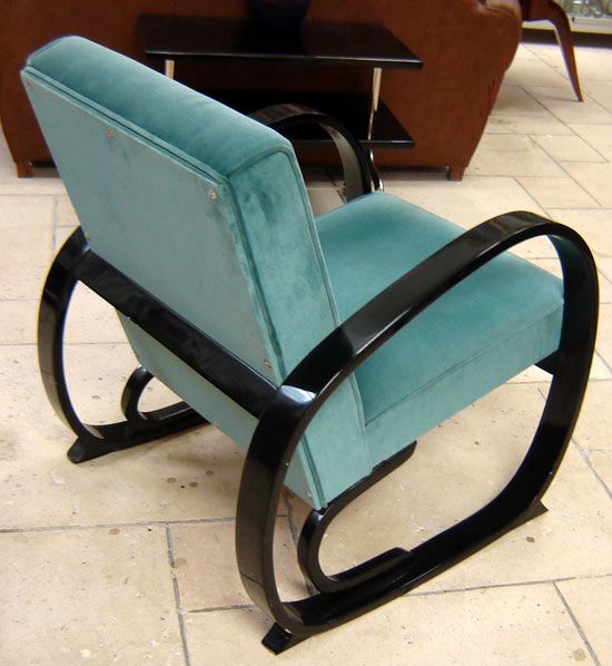 American Art Deco Black Lacquer and Green Velour Armchair