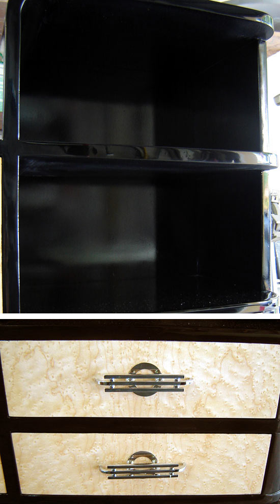 American Art Deco Black Lacquer & Birdseye Secretary Cabinet/Desk