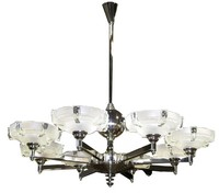 French Art Deco Eight Arm Chandelier with Chipped Ice Shades