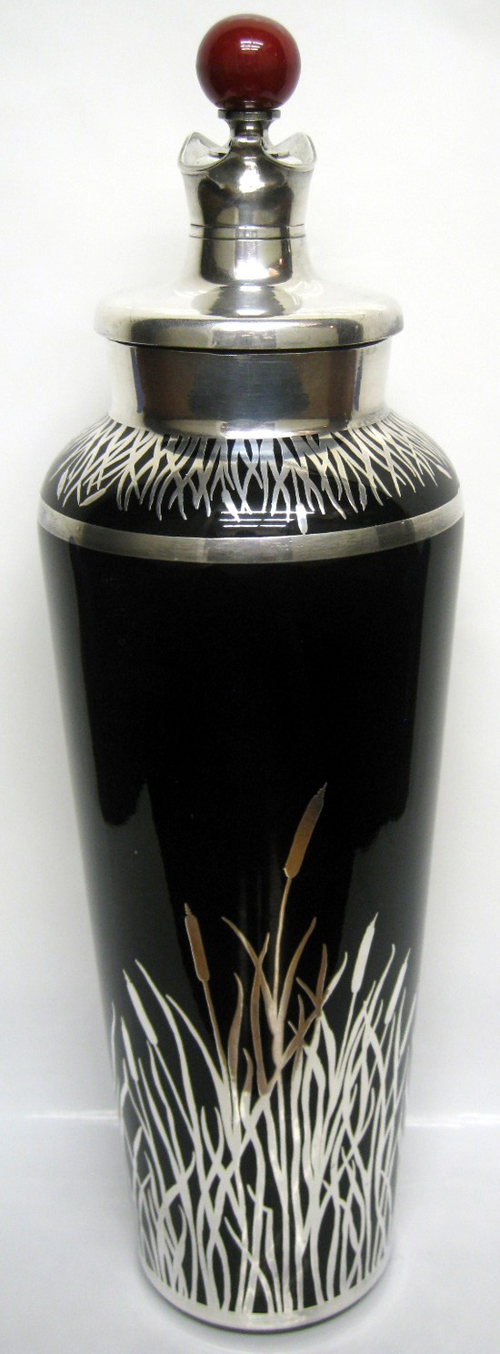 American Art Deco Black Glass and Sterling Overlay Cocktail Shaker