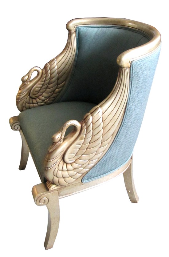 A Pair of American Art Deco Silver Leaf Chairs with Figural Swan Arms