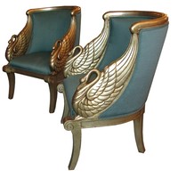 A Pair of American Art Deco Silver Leaf Chairs with Figural Swan Arms
