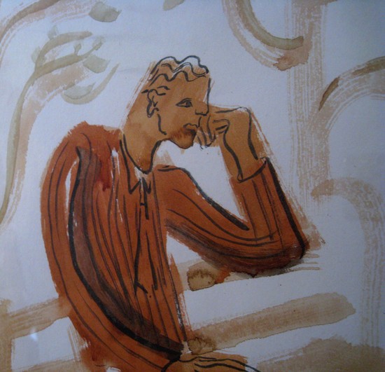 American Art Deco WPA Watercolor by Jerry Roth MAN ON BENCH