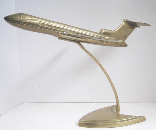 Boeing 727 Jet Airplane Brass Model on Stand