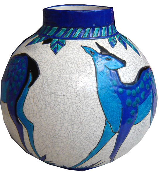 Belgian Art Deco Ceramic Vase Biches Bleues by Catteau for Boch Freres