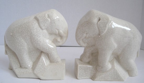 Claude Levi French Art Deco White Craqueleure Elephant Bookends