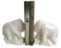 Claude Levi French Art Deco White Craqueleure Elephant Bookends