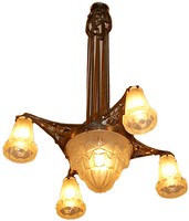 French Art Deco Geometric Glass & Pewter Chandelier by Degue