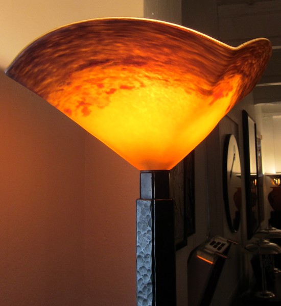 French Art Deco Wrought Iron Torchiere with DEGUE Shade