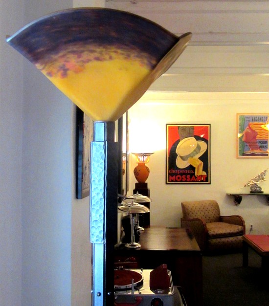 French Art Deco Wrought Iron Torchiere with DEGUE Shade