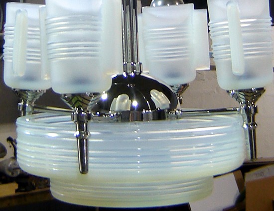 French Art Deco Opalescent Glass Modernist Industrial Chandelier