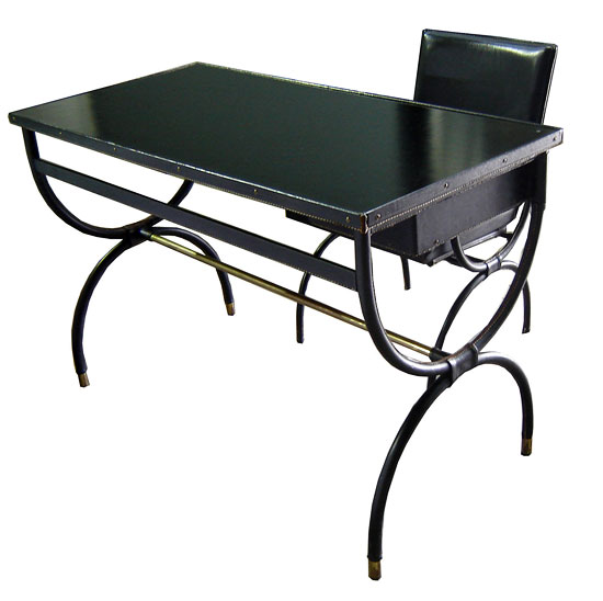 Jacques Adnet French Art Deco Leather Wrapped Desk & Chair