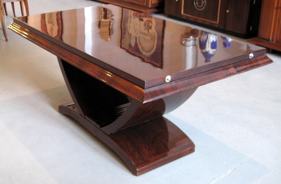 French Art Deco Streamline U Base Mahogany Dining Table