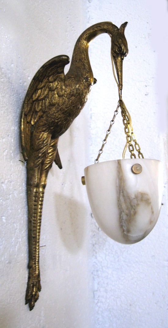 Pair French Art Deco Bronze Dore and Alabaster Stork Wall Sconces