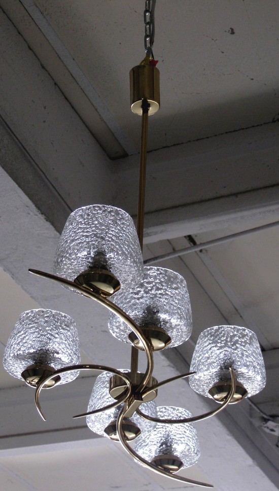 French 1950’s Brass Chandelier with Glass Shades