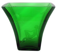 Swedish Art Deco Emerald Green Etched Glass Vase