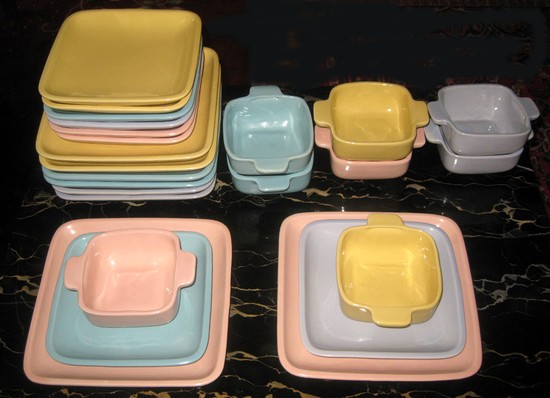 Rare 59 piece Mid Century Modern “Cube”istic Luncheon Set By Gonder Ceramic Art