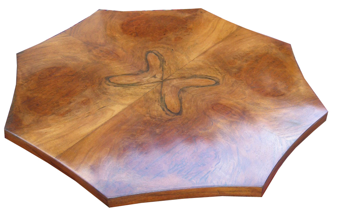 French Art Deco Burled Butterfly Design Scallop Edge Occasional Table