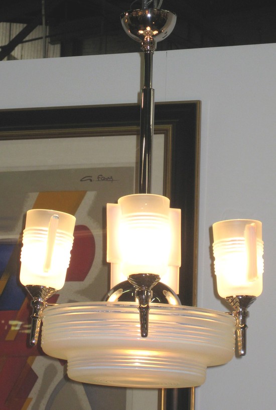 French Art Deco Opalescent Glass Modernist Industrial Chandelier