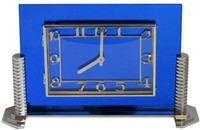 Large French Art Deco Cobalt Blue Mirror and Nickel Clock by LANCEL Paris