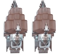 American Art Deco Sculptural Aluminum and Pink Glass Sconces