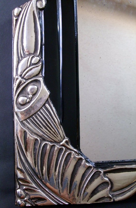 PAIR French Art Deco Black Lacquer and White Gold Mirrors