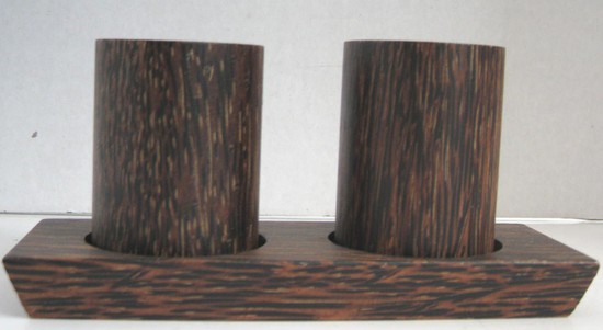 Pair of French Art Deco Palmwood Salt and Pepper Shakers with Tray