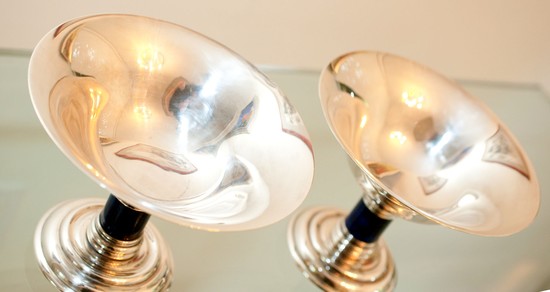 Pair French Art Deco Puiforcat Silverplate and Lapis Lazuli Tazzas
