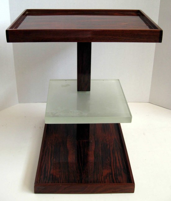 Pair of French Art Deco Rosewood and Saint-Gobain Glass Sofa Side Tables.